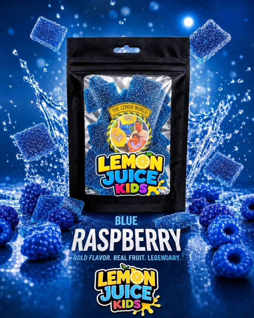 Blue Raspberry candy pouch with blue gummies and raspberries