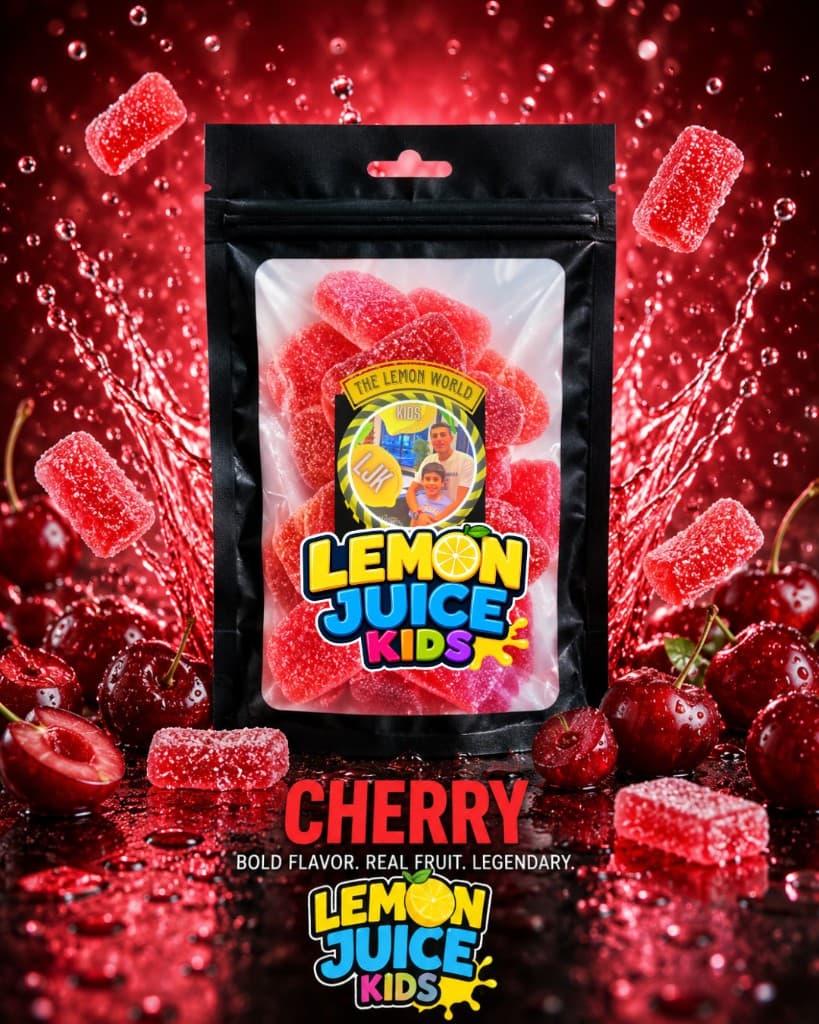 Cherry candy pouch with red gummies and fresh cherries