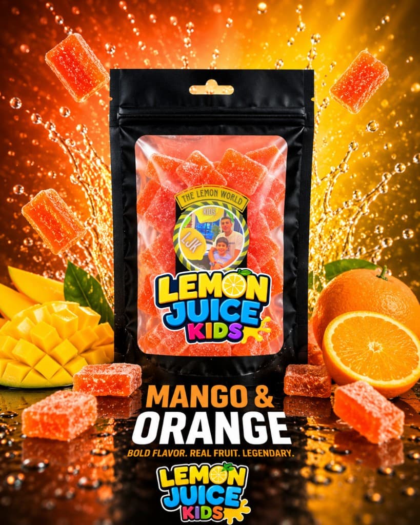 Mango Orange candy pouch with orange gummies, mango, and oranges