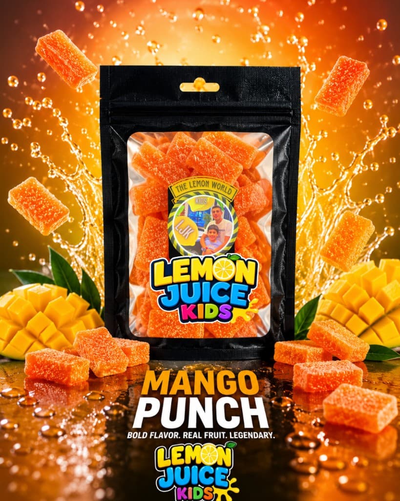Mango Punch candy pouch with orange gummies and mango