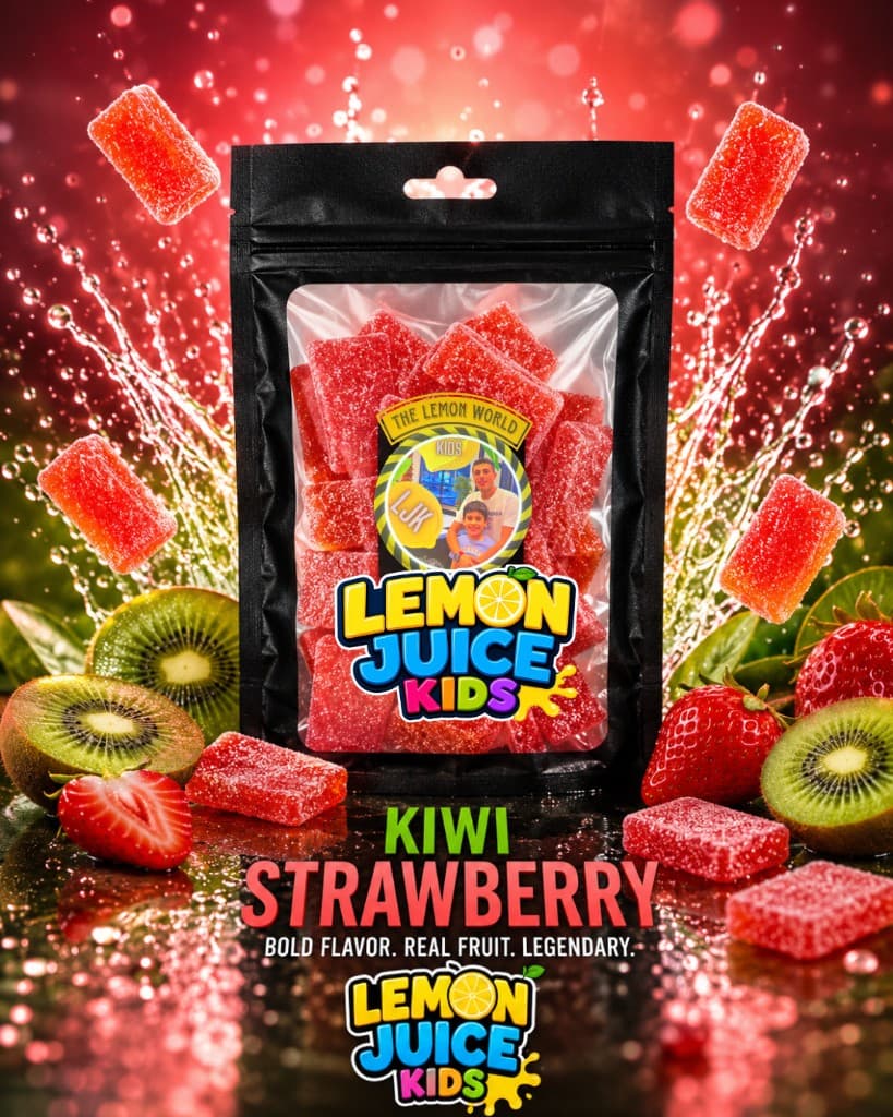 Kiwi Strawberry candy pouch with red gummies, strawberries, and kiwi