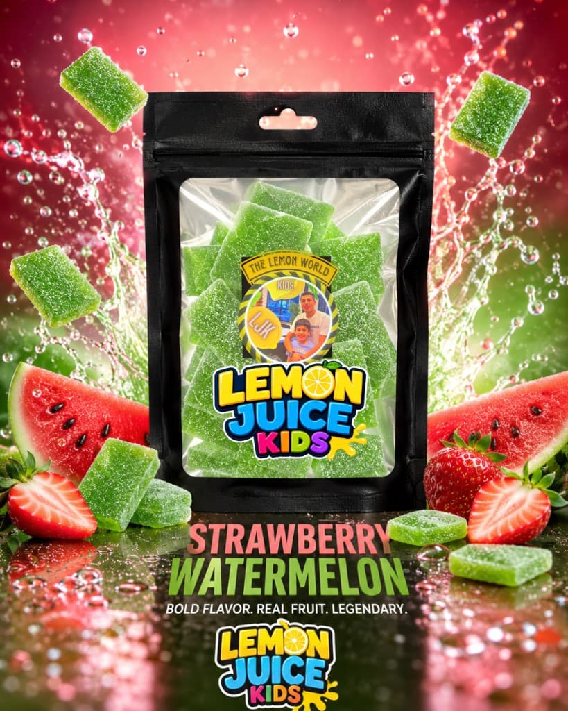 Strawberry Watermelon candy pouch with green gummies, watermelon, and strawberries