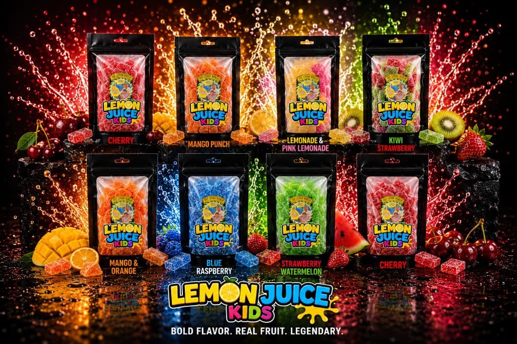 Full Lemon Juice Kids flavor lineup — eight resealable pouches with bold fruit gummies and dynamic splashes on a dark background