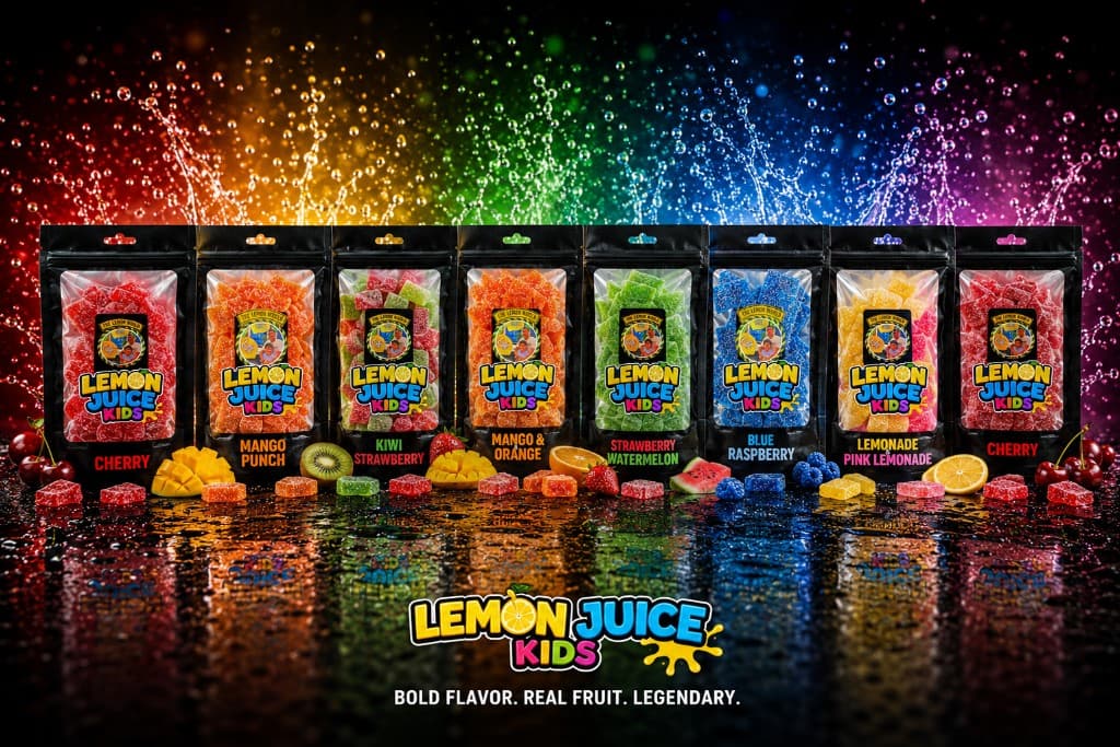 Eight Lemon Juice Kids fruit gummy pouches in a row with rainbow splashes and fresh fruit — Cherry, Mango Punch, Kiwi Strawberry, and more