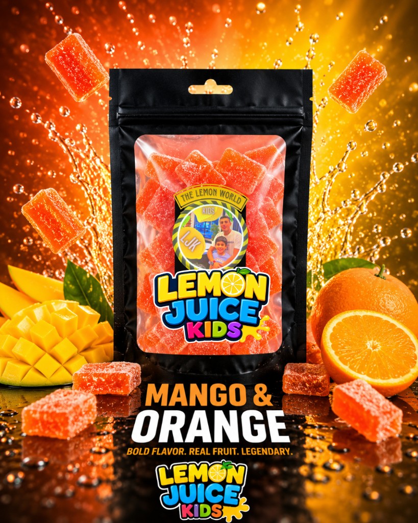 Mango Orange candy pouch with orange gummies, mango, and oranges
